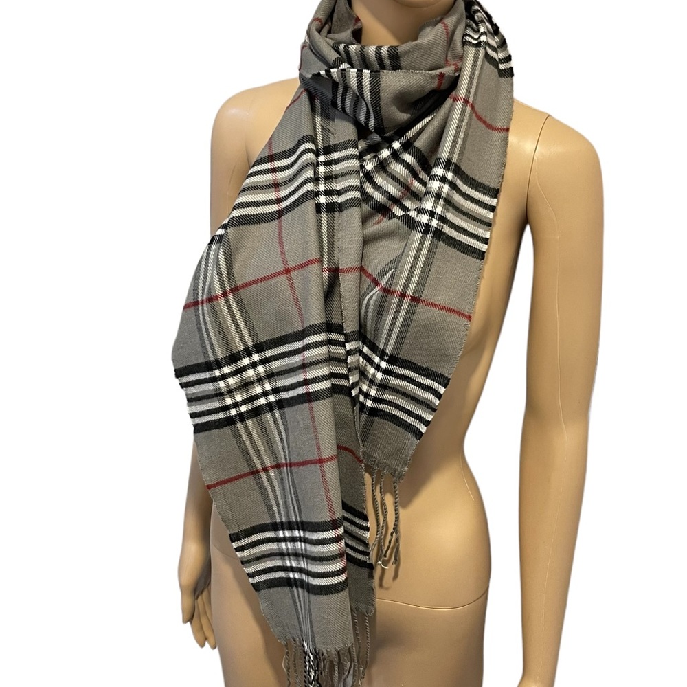 Super Soft 100% Cashmere Grey, Black, White & Red Plaid Scarf